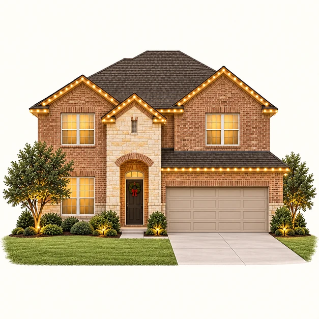 Illustrated brick home with warm-white holiday lights along the roofline