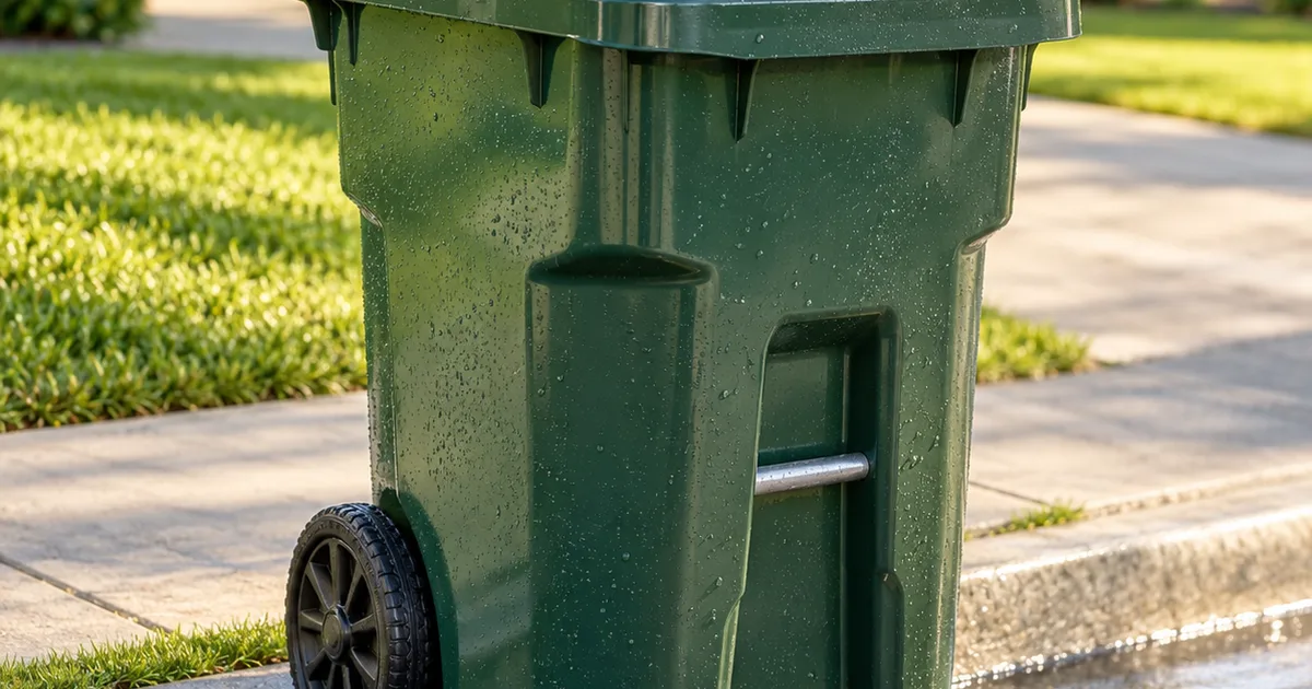Freshly cleaned residential trash bins at the curb